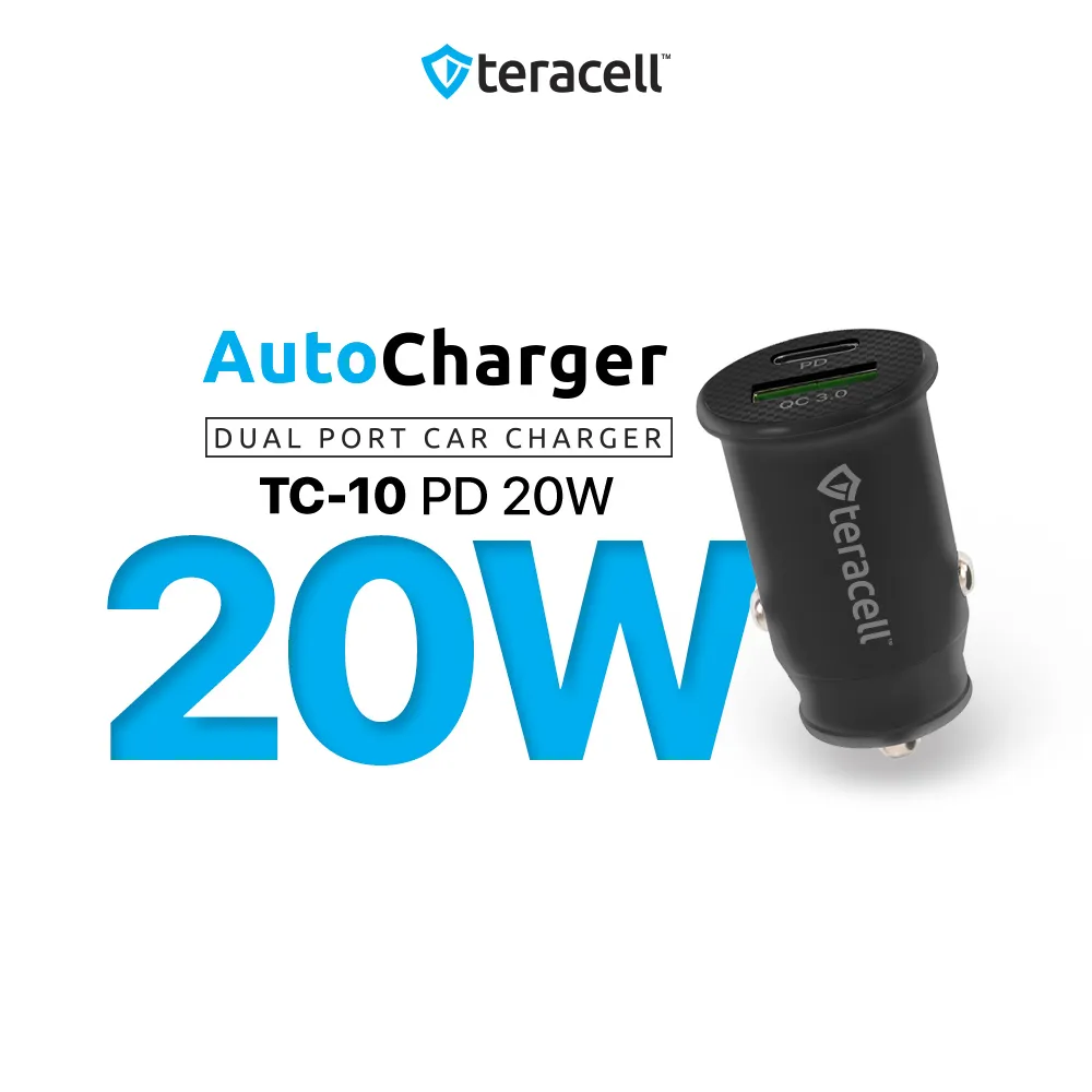Auto punjač Teracell Evolution TC-10 PD 20W/ USB QC3.0 15W sa Type C kablom crni