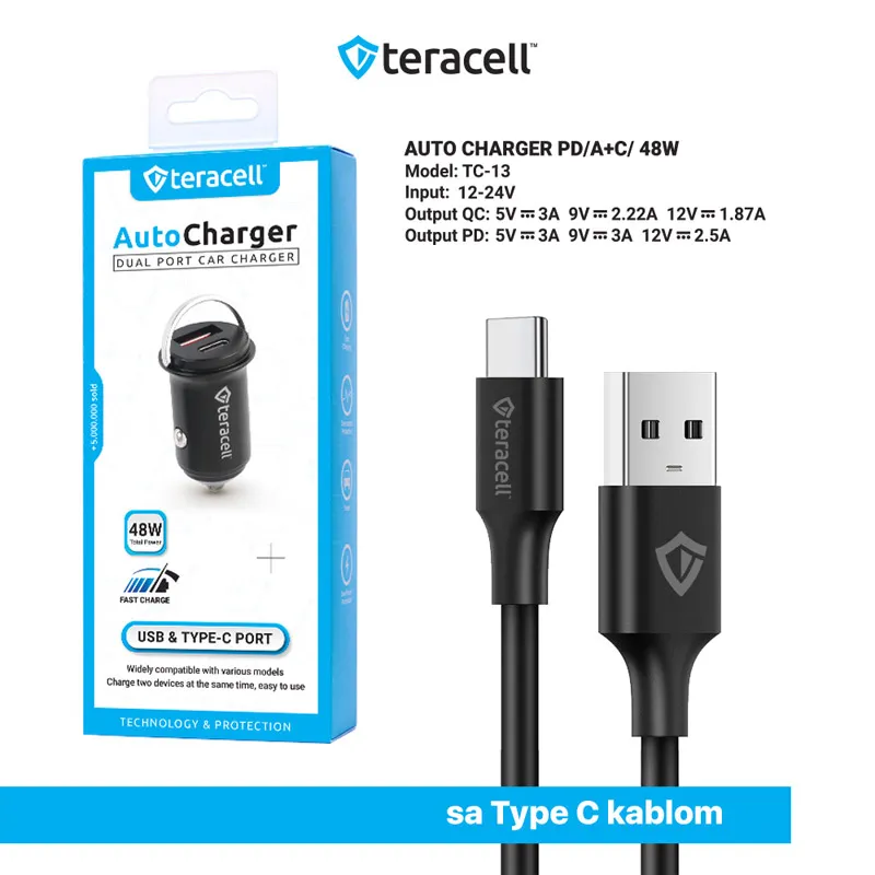 Auto punjač Teracell Evolution TC-13 PD 30W + USB QC3.0 18W/ 48W (total) sa Type-C kablom crni