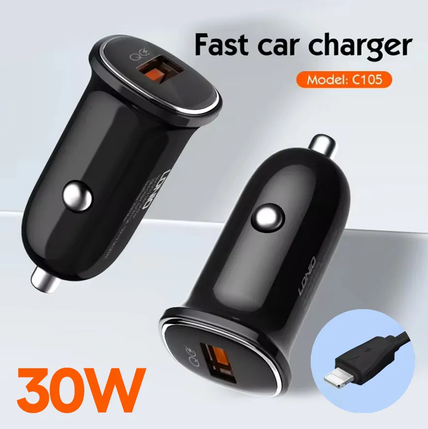 Auto punjac LDNIO C105/ QC3.0/ 30W USB Lightning crni