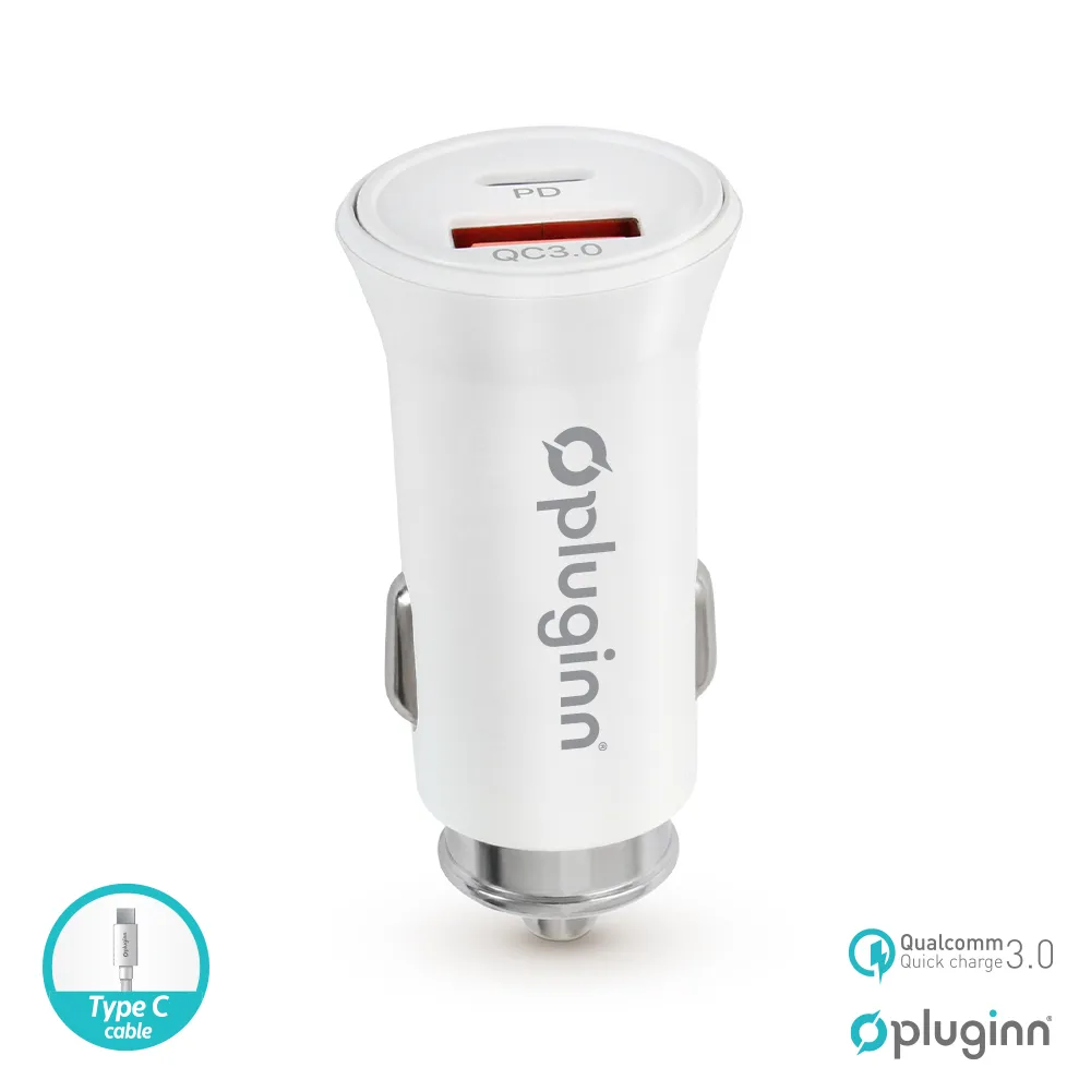 Auto punjač Pluginn PI-21S/ PD 20W/ QC 3.0 18W/ sa Type C kablom beli