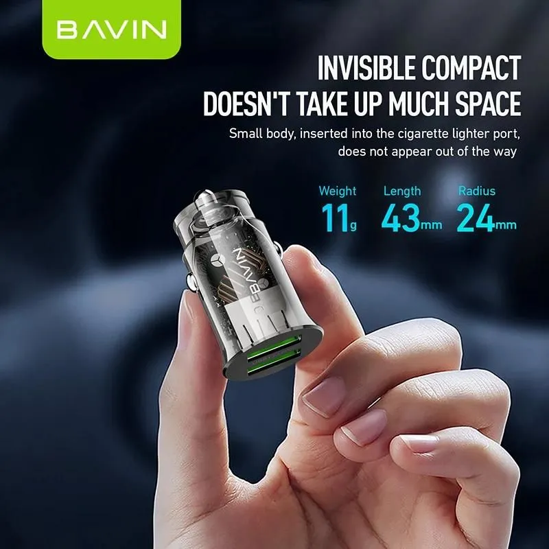 BAVIN Auto punjač 2.4A Dual 2xUSB-A + kabl type-A na type-C/ crna