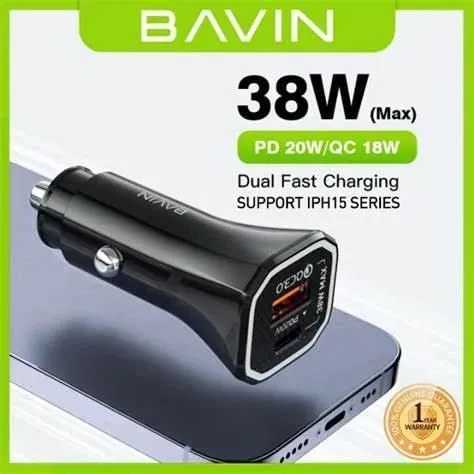 BAVIN Auto punjač max 38W PD20W+ QC3.0 USB-A + USB-C/ crna