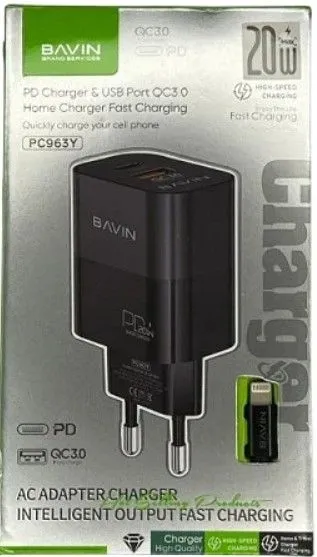 BAVIN Punjač 20W PD Usb A/Type C + kabl C-IOS PC963Y-PD/ crna