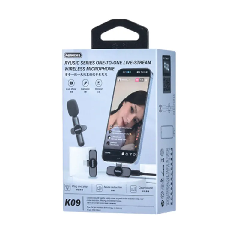 Bezicni mikrofon Lavalier Remax K09 1u1 za mobilni telefon iPhone Lightning crni