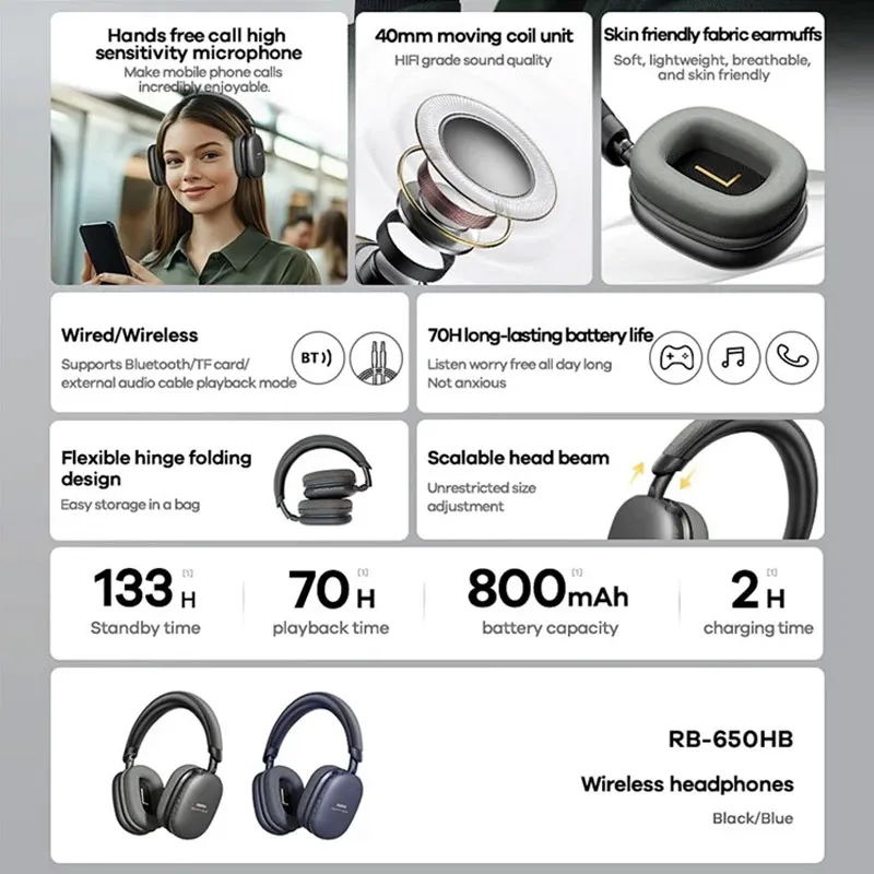Bluetooth slušalice Remax RB-650HB plava