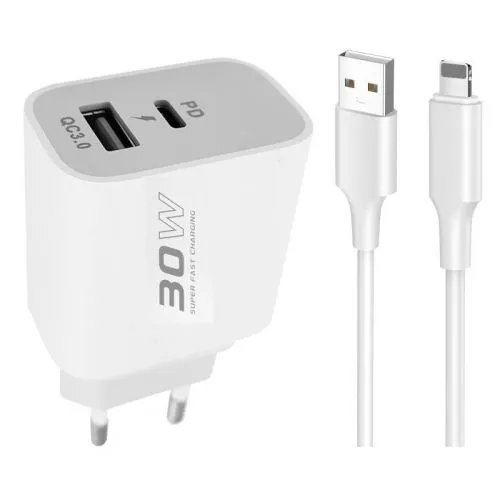Brzi kućni punjač 30W Pd+USB +USB Type-C, bela