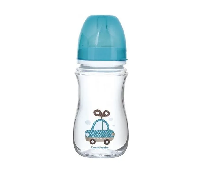 CANPOL Flašica za bebe sa širokim vratom 240 ml, Anticolic "Easystart"- igračka plave bojei auto