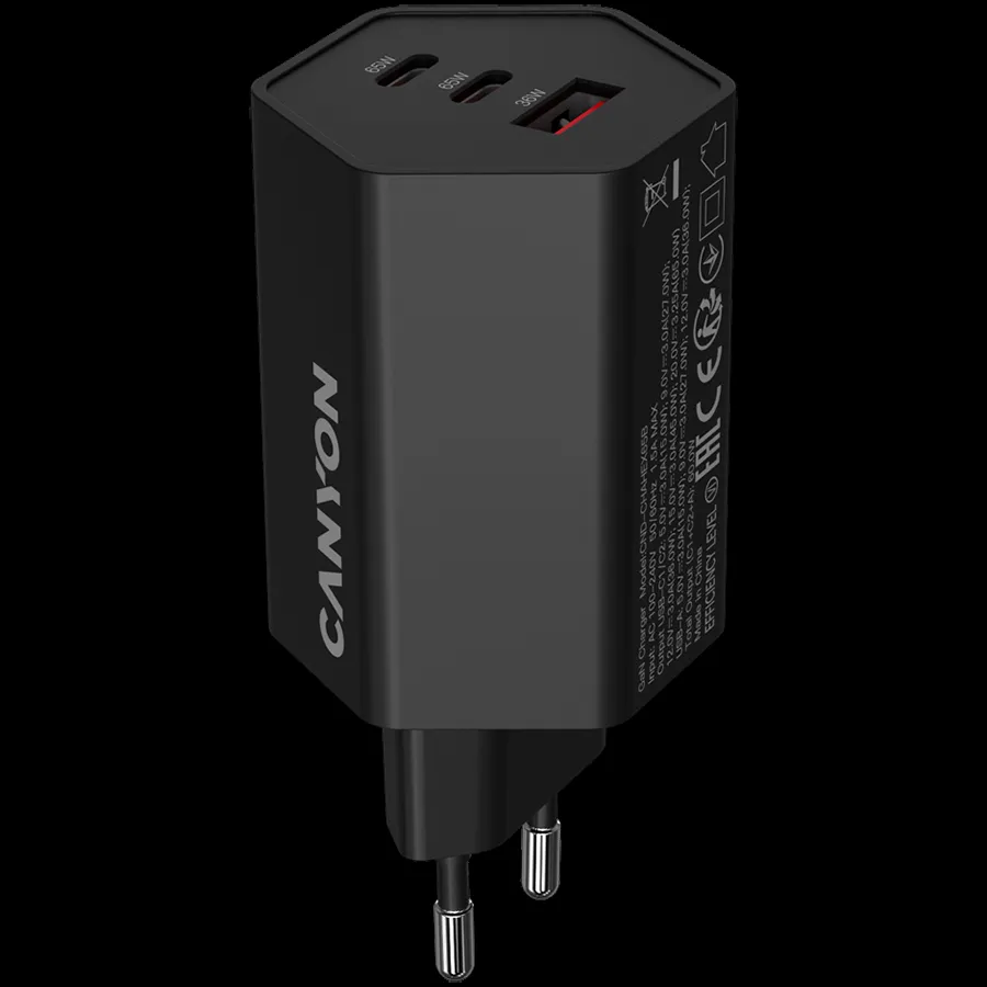 CANYON Punjač HEXAGON 65 GaN 65W 2xPD 1xQC/ crna