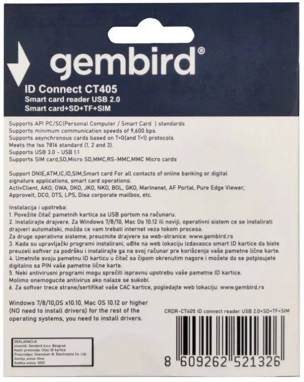 CRDR-CT405 ** Smart card reader USB2.0 Citac licne karte/ sobracajne bank. +SD+TF+SIM reader (959)
