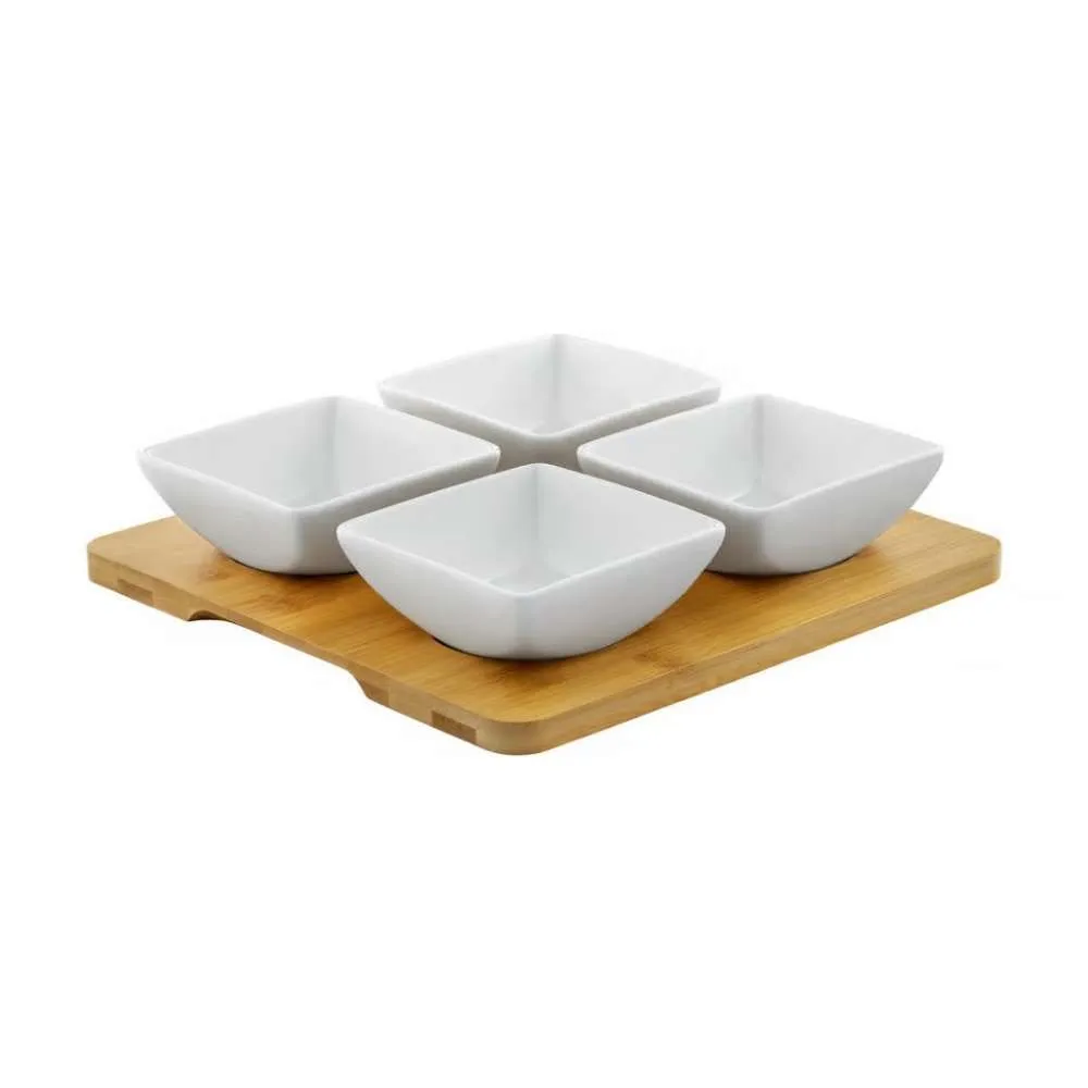 DAJAR Porcelanski set 4 četvrtaste činije sa daskom od bambusa