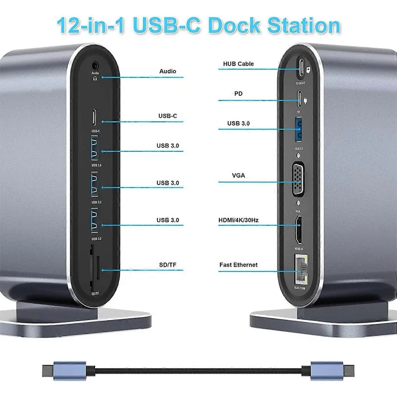 Docking station / HUB Type-C na LAN Gb/ SD card/ TF/ PD/ Type-C/ 4xUSB 3.0/ Audio/ HDMI i VGA 12 u 1 sa postoljem