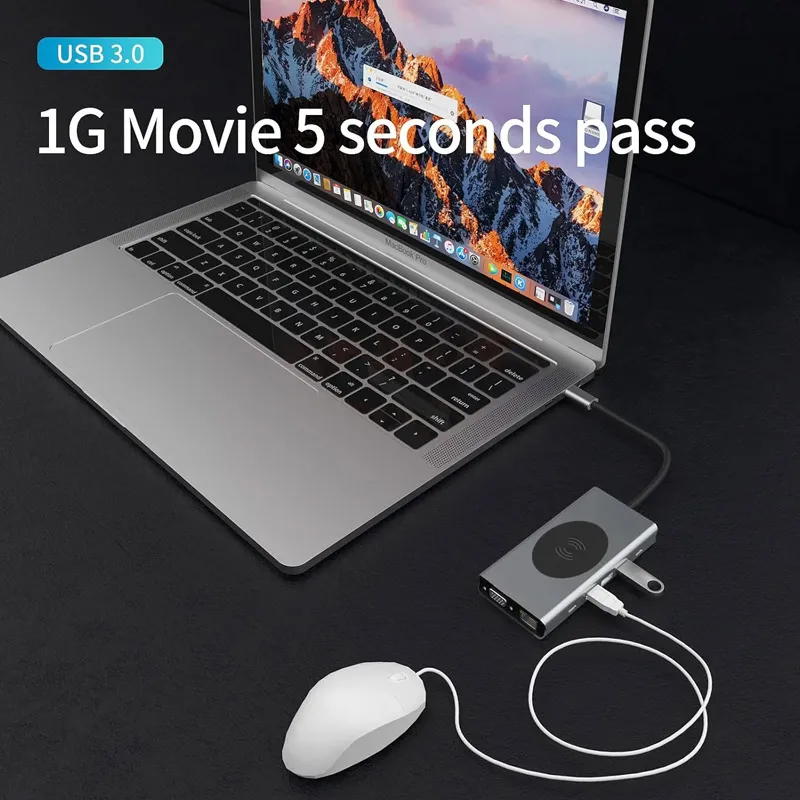 Docking station / HUB  Type-C na LAN Gb/ Wireless PC/ SD card/ TF/ Type-C/ 3xUSB 3.0/ 2xUSB 2.0/ Audio/ HDMI i VGA 13 u 1 20cm kabl