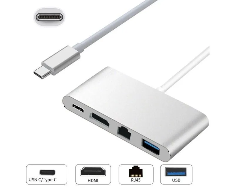 E-GREEN Adapter Type-C na HDMI + USB 3.0 + Type-C + RJ45