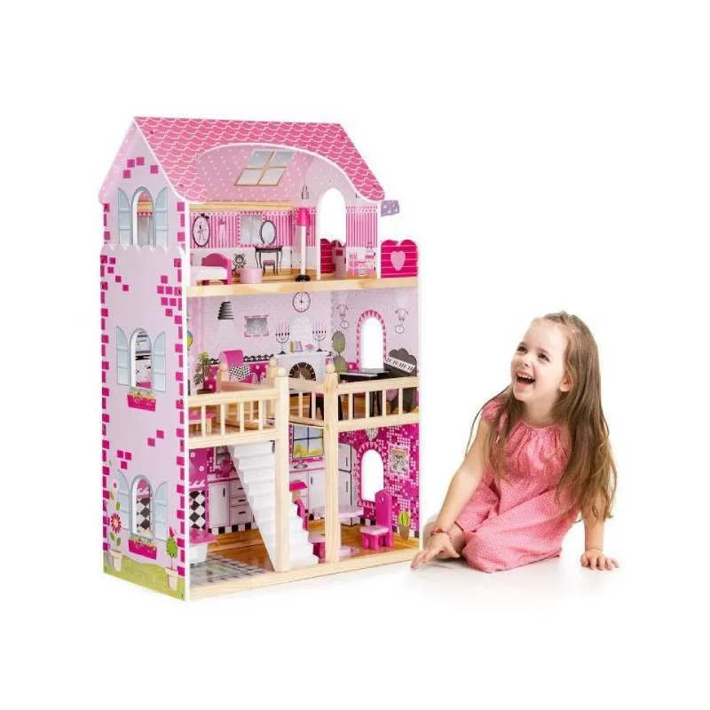 ECO TOYS Drvena kućica za lutke sa nameštajem i LED svetlom