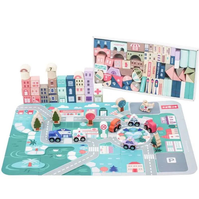 ECO TOYS Drvene edukativne kocke sa podlogom City/ 115 delova