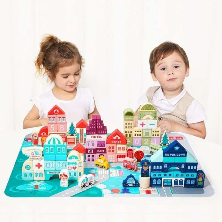 ECO TOYS Edukativne drvene kocke sa podlogom Grad/ 121 deo