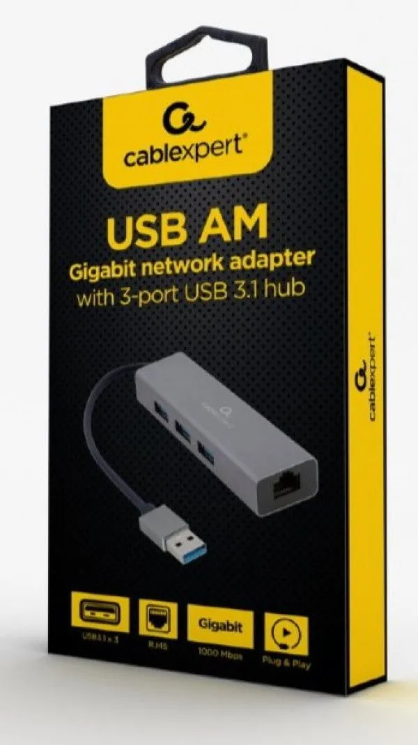 GEMBIRD A-AMU3-LAN-01 USB AM Gigabit network adapter with 3-port USB 3.0 hub