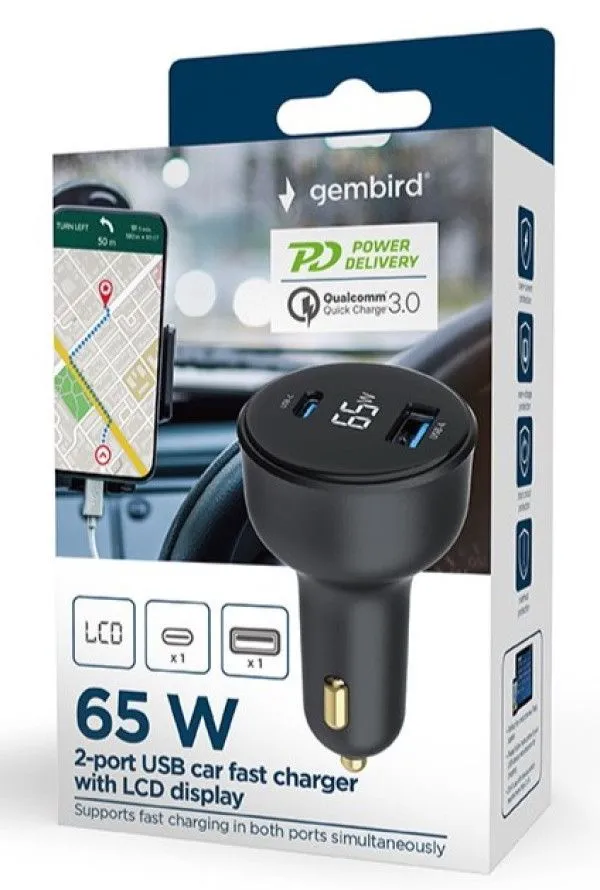 GEMBIRD Brzi auto punjač 2-port USB Type-C TA-UC-AC2PD65LCD-CAR-01/ 65W/ crna