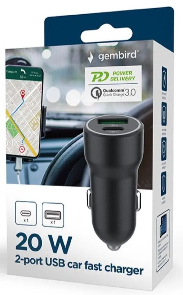 GEMBIRD Brzi auto punjač TA-UC-A2PDQC20-CAR-01, crna