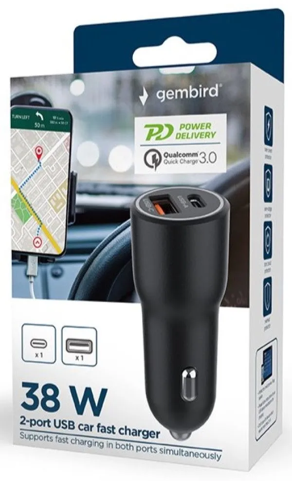 GEMBIRD Brzi auto punjač TA-UC-AC2PDQC38-CAR-01, crna
