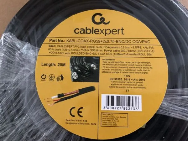 GEMBIRD Kabl za video nadzor KABL-COAX-RG59+2X0.75-BNC/DC, 20m