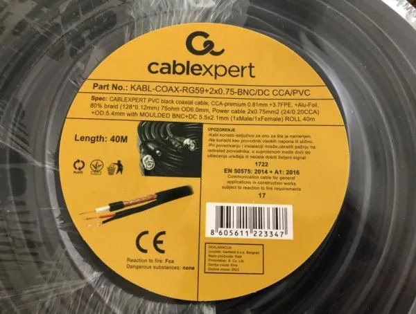 GEMBIRD Kabl za video nadzor KABL-COAX-RG59+2X0.75-BNC/DC, 40m