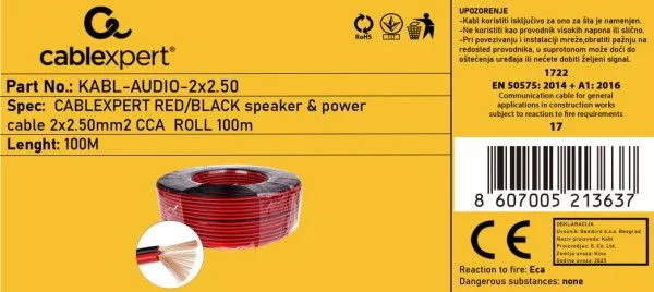 GEMBIRD Kabl za zvučnike KABL-AUDIO-2X2.50, mikrofon, napajanje, 2x2.5mm, 100m, crno/crveni