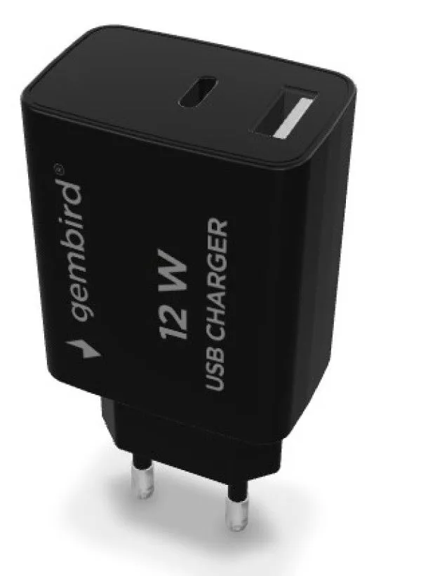 GEMBIRD Univerzalni punjač 2-port USB-A+ USB-C TA-UC-2AC12-01-BK, crna