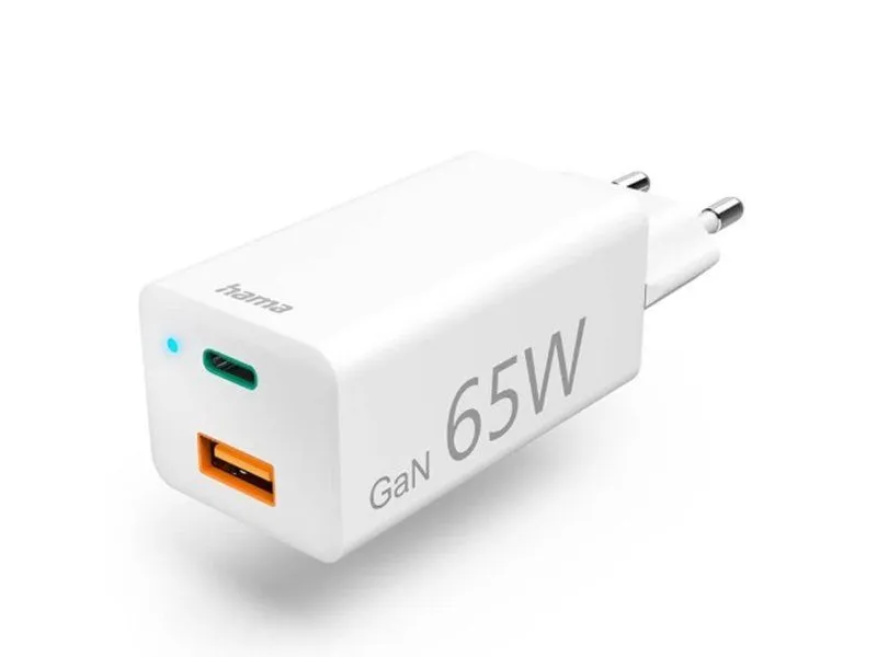 HAMA Brzi punjač GaN, 1x USB-C PD, 1x USB-A QC, 65W, bela