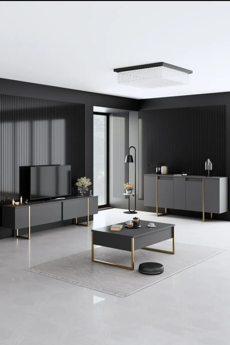 HANAH HOME Set nameštaja za dnevnu sobu Luxe, antracit/zlatna