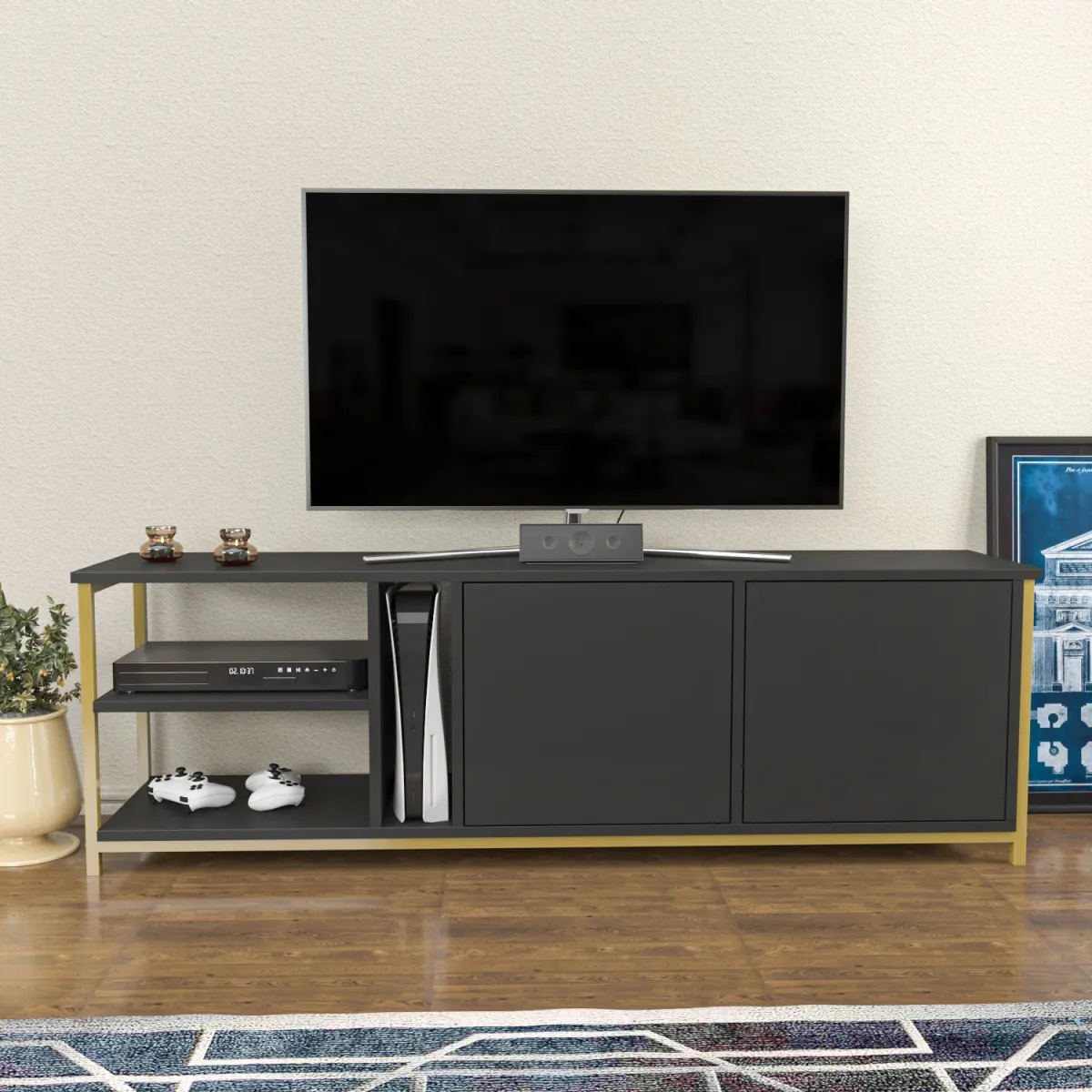 HANAH HOME TV komoda Primrose, antracit/zlatna