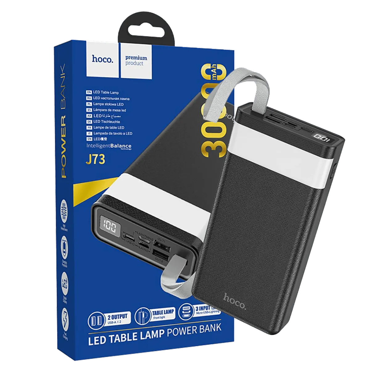 hoco. Power bank 30000mAh, Micro-USB / Tipe-C ulaz, lampa - J73 Powerful, crna