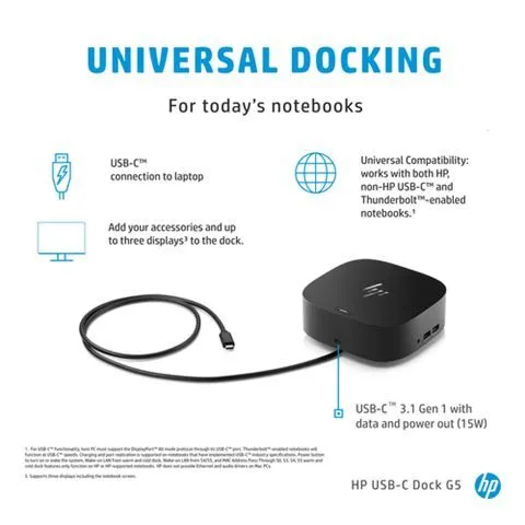 HP Dock USB-C Universal G5 USB-C RJ45 2DP HDMI 2 USB-A USB-C 2 audio AC adapter 5TW10AA