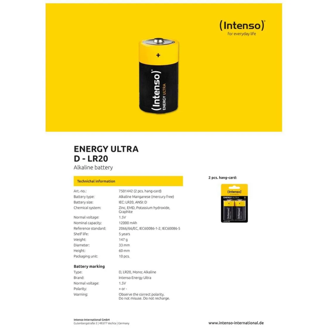 INTENSO Baterija alkalna/ LR20 / D/ 1/5 V/ blister 2 kom - LR20 / D