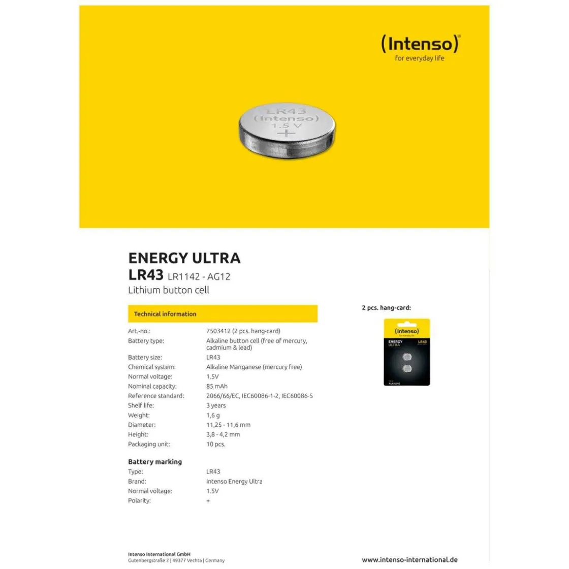 INTENSO Baterija alkalna LR43/2/ 1/5 V dugmasta/ blister 2 kom - LR43/2