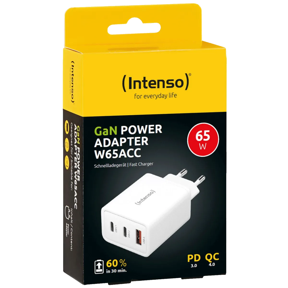INTENSO Punjač kućni, brzi W65ACC GaN, 1 x USB-A, 2 x UCB-C, 3A, 65W