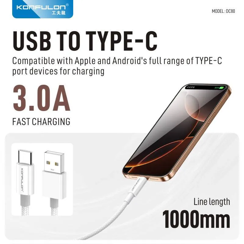 Kabel KONFULON Joko DC80 3A USB na Type-C beli 1m
