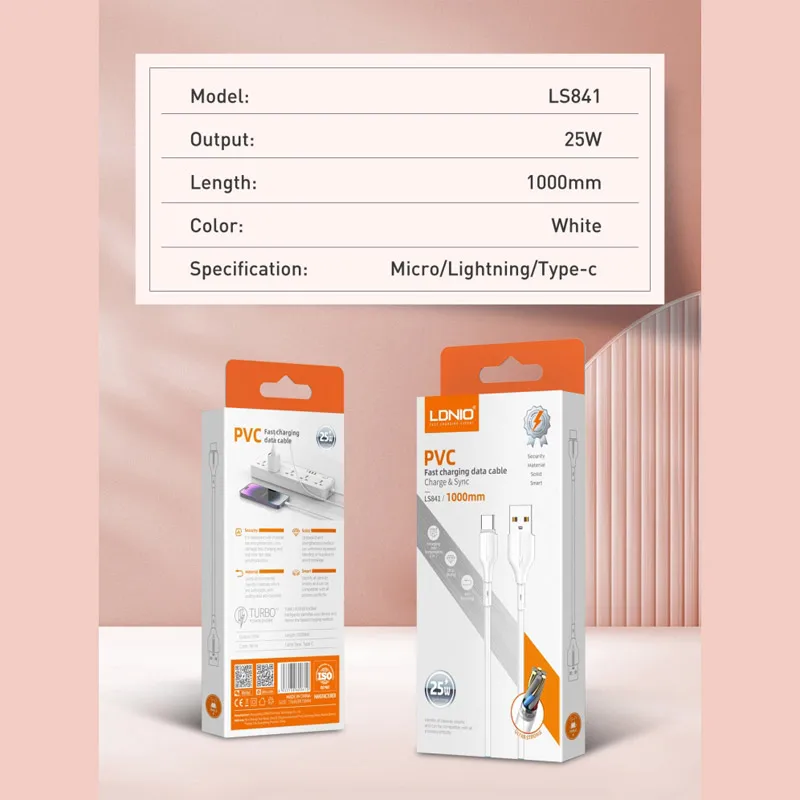 Kabel LDNIO LS841 25W USB na iPhone Lightning beli 1m