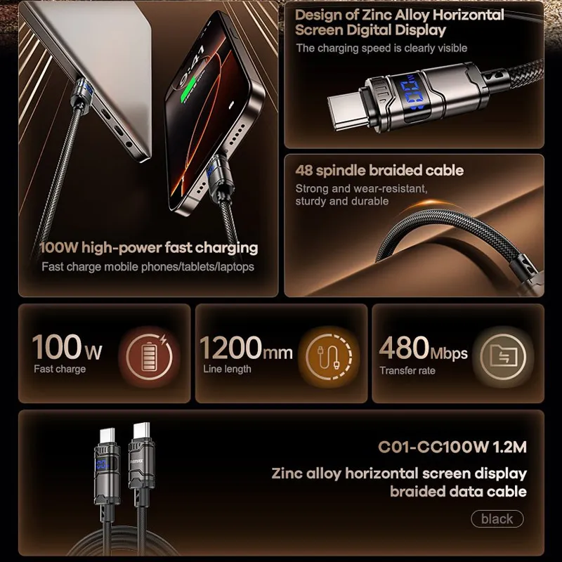 Kabel Remax C01 ZINC Alloy braided Type-C na Type-C 100w sa ekranom 1/2m crni