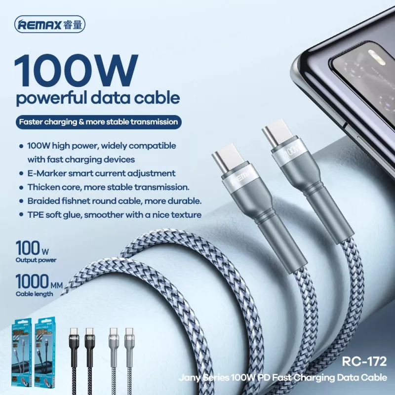 Kabel REMAX Jany Fast charging 100W PD RC-172 Type-C na Type-C crni 1m