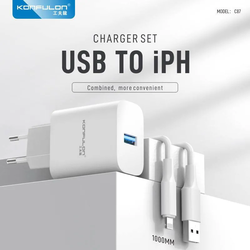 Kucni punjac KONFULON C87/ 3A/ 15W/ sa iPhone lightning kablom white