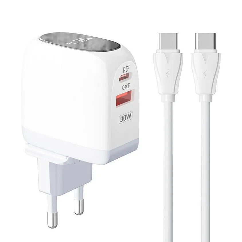 Kucni punjac LDNIO A2522C QC3.0/ PD/ PPS/ LED Display/ 30W sa Type C na Type C kablom beli