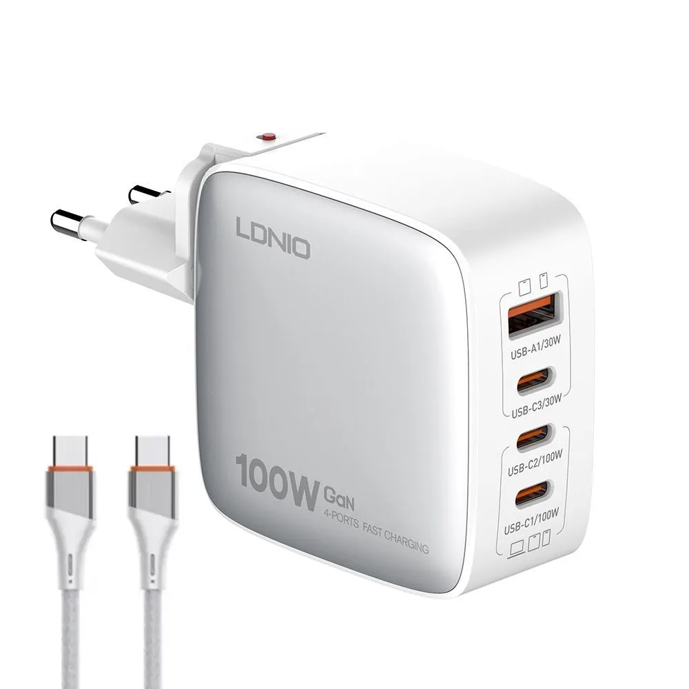 Kucni punjac sa adapterima LDNIO Q408 GaN PPS QC3.0 (30W)/ 3xPD3.0 (100W)/ 100W Max/ sa Type C na Type C kablom beli