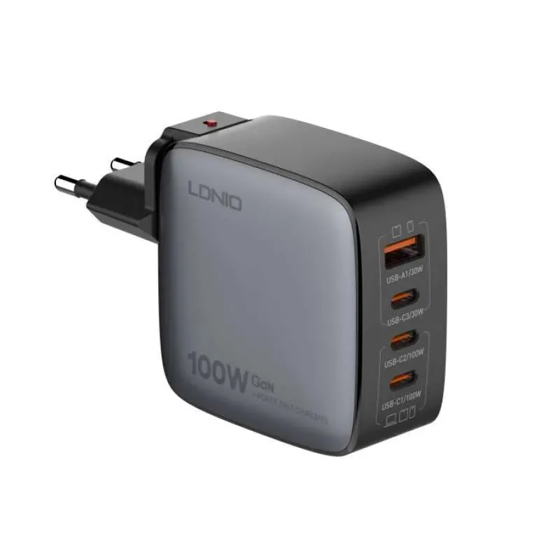 Kucni punjac sa adapterima LDNIO Q408 GaN PPS QC3.0 (30W)/ 3xPD3.0 (100W)/ 100W Max/ a Type C na Type C kablom crni