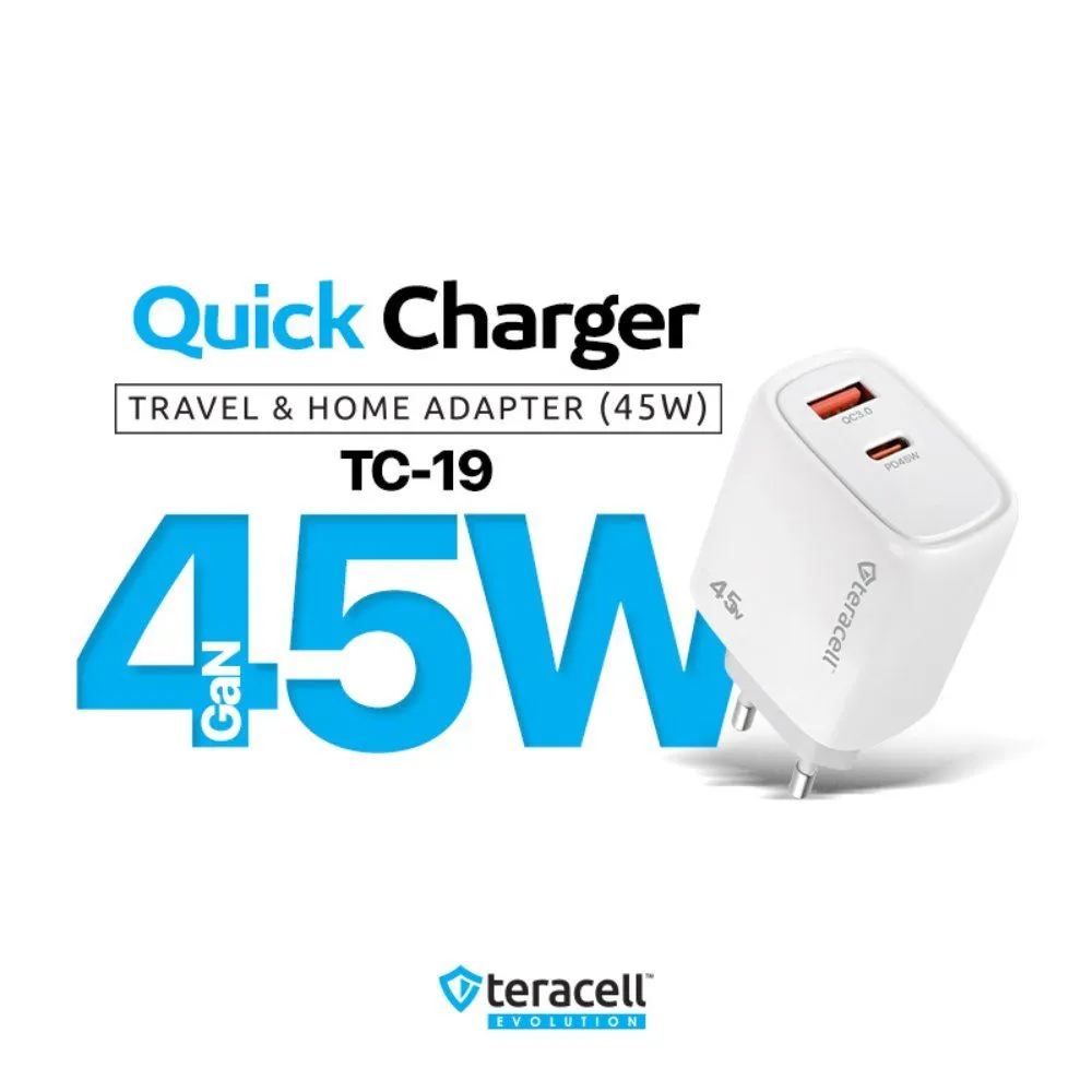 Kucni punjac Teracell Evolution TC-19/ GAN/ QC/ PD Fast charging 45W beli CE