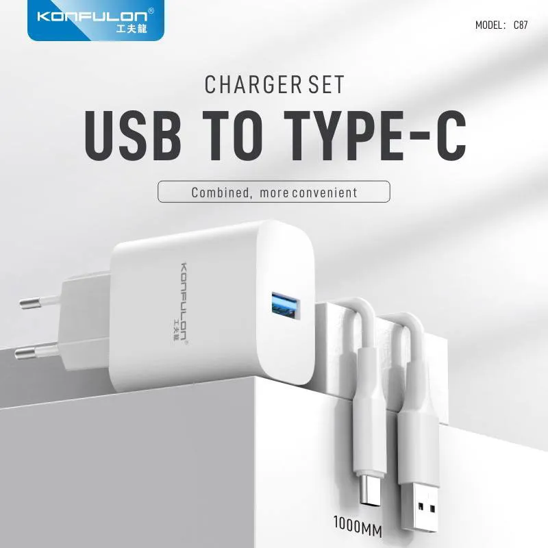 Kućni punjač KONFULON Joko C87 3A sa kablom USB na Type-C beli 1m