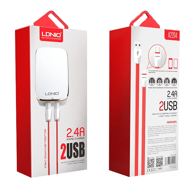 Kućni punjač LDNIO A2204 dual USB 2.4A + Type-C kabel zlatni