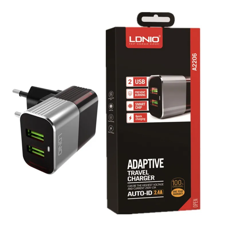 Kućni punjač LDNIO A2206 2XUSB 2.4A + Type-C kabel crno sivi
