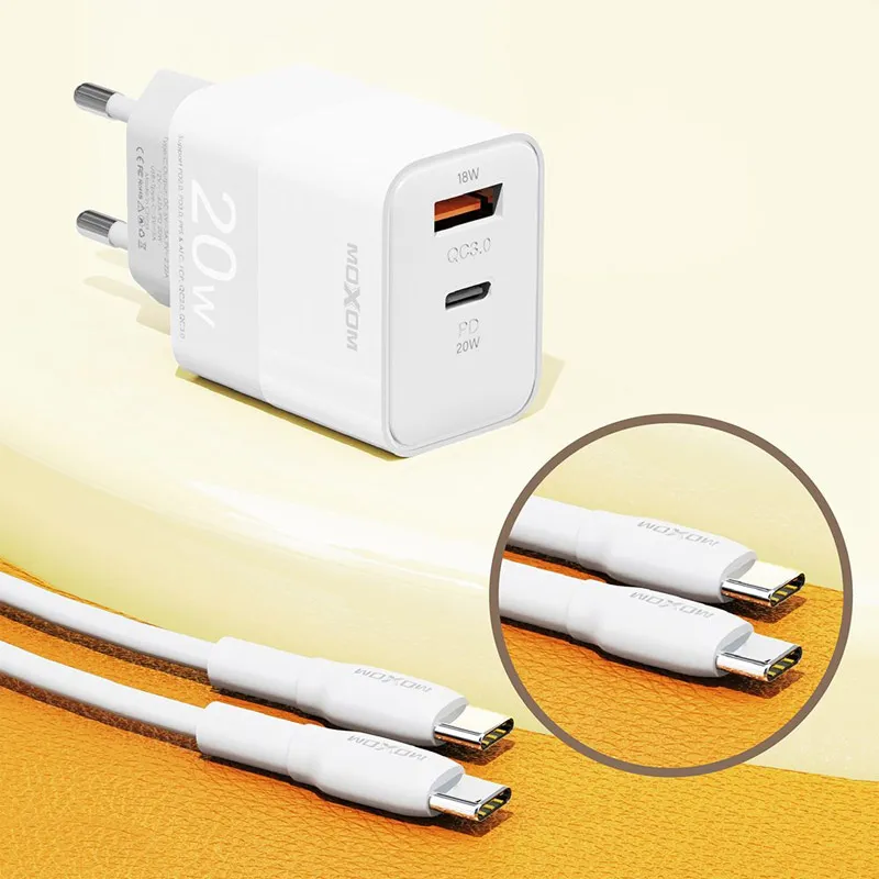Kućni punjač Moxom MX-HC134 Fast Charge QC 18W PD20W sa kablom Type-C na Type-C beli