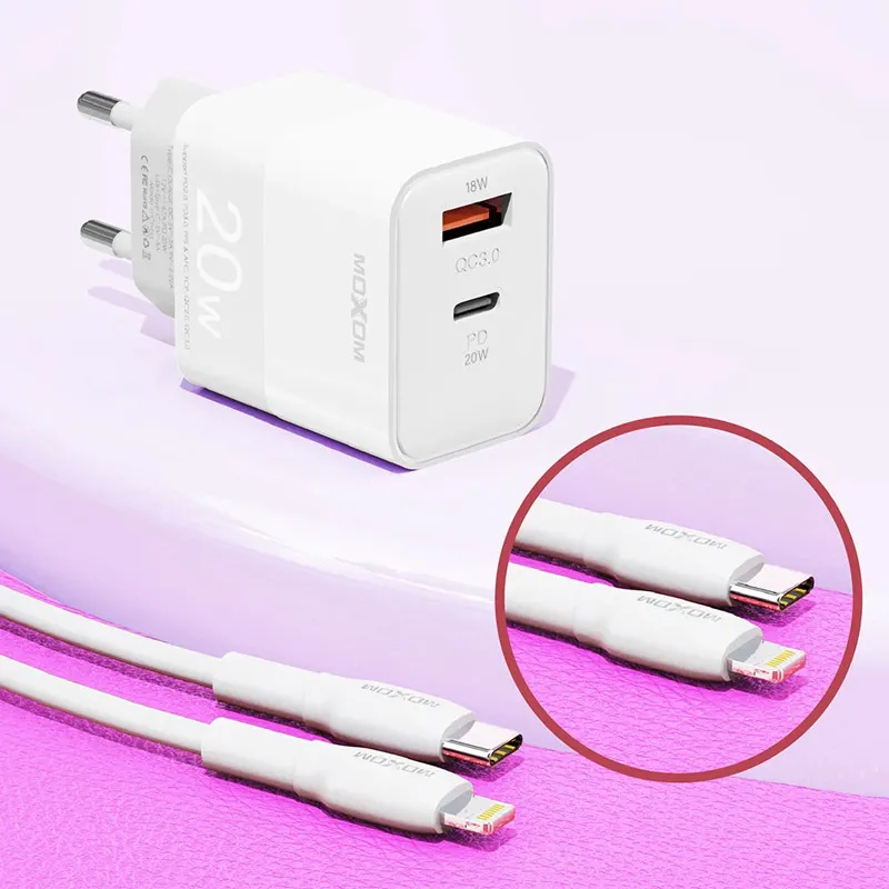 Kućni punjač Moxom MX-HC134 Fast Charge QC 18W PD20W sa kablom Type-C na iPhone Lightning beli